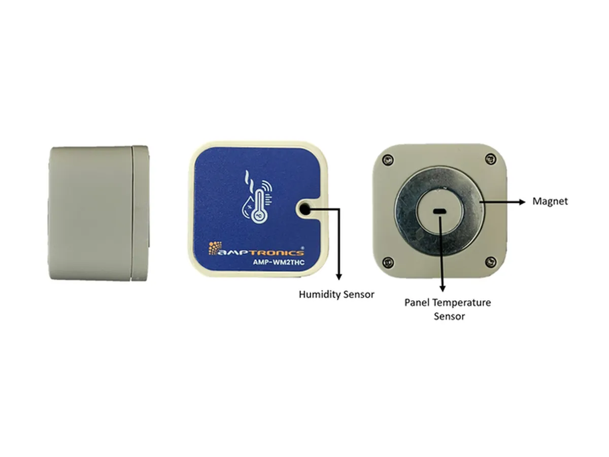 AMP-WM2THC anatomy: humidity sensor on the front, panel temperature sensor and magnet on the back