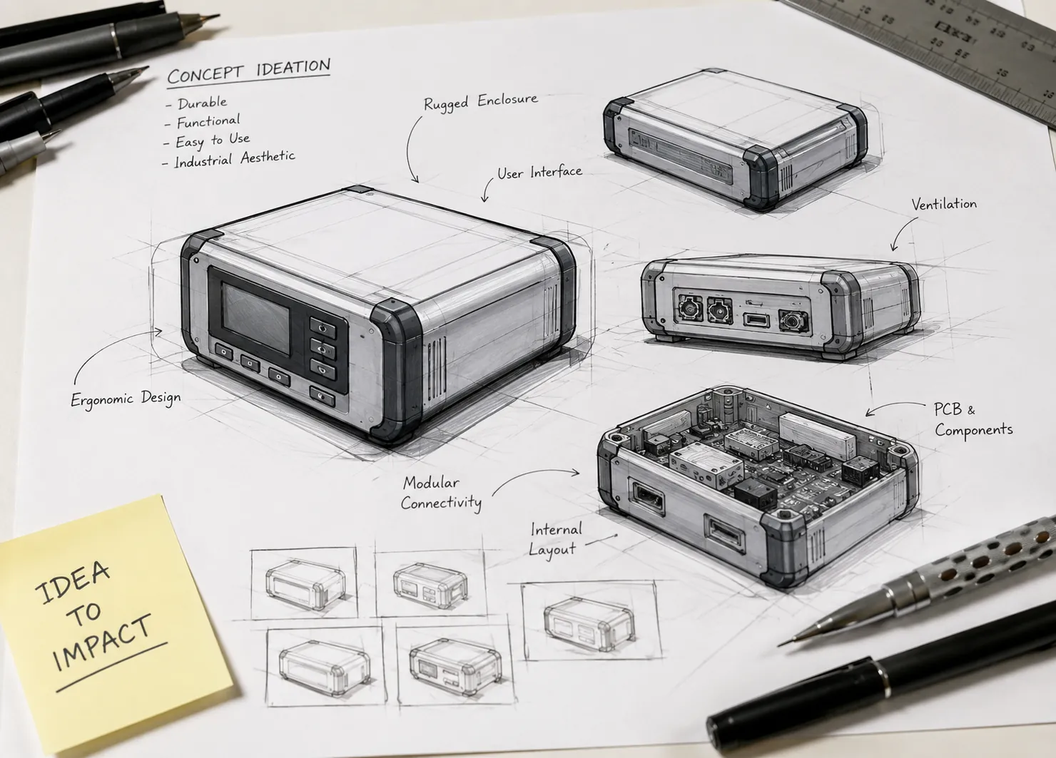 Industrial design concept sketches of an electronics enclosure
